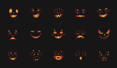 Set of Halloween Spooky pumpkin faces. Scary and creepy pumpkins cut collection.