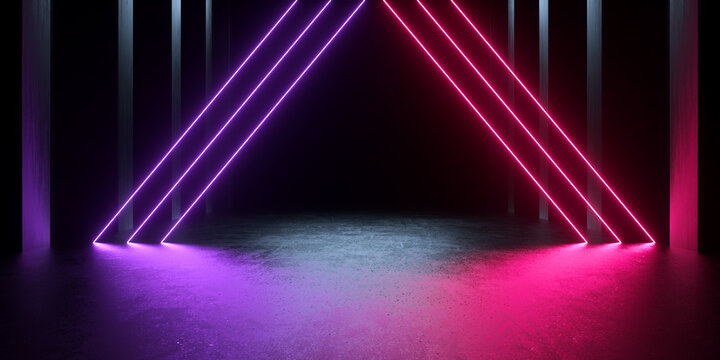 Neon Light Triangle Glowing Illumination Beam Lines Empty Podium Stage On Cencrete Floor Abstract Backgrounds 3d Rendering Illustration © Maipai