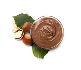 Hazelnuts cream with nuts isolated on white background, top view