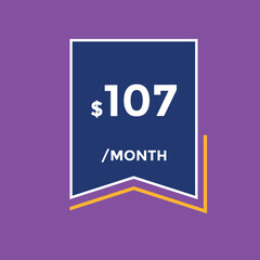 107 dollar price tag. Price $107 USD dollar only Sticker sale promotion Design. shop now button for Business or shopping promotion
