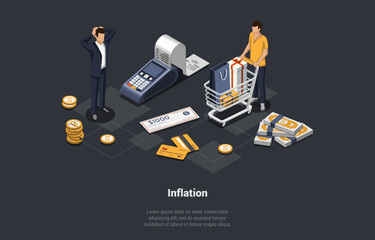 Global World Financial Crisis Concept. Default, Inflation, Devaluation, Stock Market Crash. Shocked People Lose Money And Investments. Price Increase Process. Isometric Cartoon 3d Vector Illustration - obrazy, fototapety, plakaty