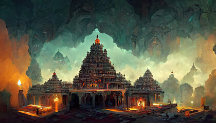 AI generated image of an ancient Hindu temple inside a cave - obrazy, fototapety, plakaty