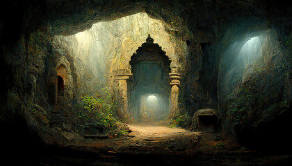 AI generated image of an ancient Hindu temple inside a cave - obrazy, fototapety, plakaty