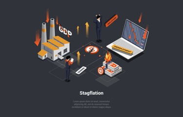 Stagflation, Unemployment, Bankruptcy, Price Increase, Unpaid Loans and Mass Dismissal. Shocked Stressed Businessmen Suffering of Economy Crisis Aftermath. Isometric Cartoon 3D Vector illustration
