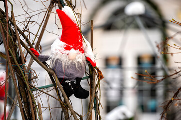 Decorated christmas tree pine on blurred background, bokeh light banner
