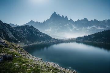 Dolomites landscape, peaks and lake