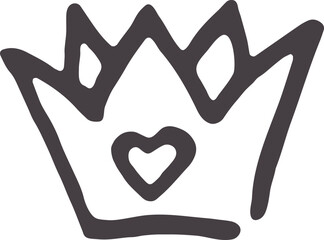 Doodle crown with heart shape. Hand drawn romantic princess logo