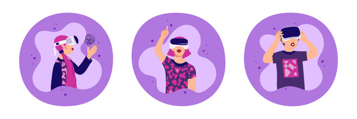 Teenage boys and girls wearing vr glasses. The concept of the metaverse. Technologies of virtual reality games. Vector illustration in a flat style