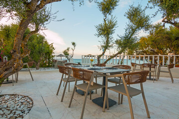 Tables in restaurant on the terrace . Zakynthos, Greece. Superb summer mood, outdoor restaurant....