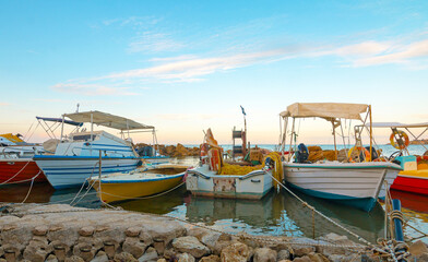 Aerial top view of a lot of boats and yachts moored in marina. Near Cameo Island Zakynthos, Greece