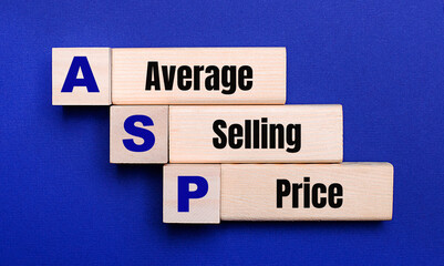 On a bright blue background, light wooden blocks and cubes with the text ASP Average Selling Price