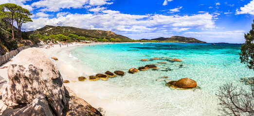 Beste stranden van het eiland Corsica - prachtige schilderachtige Tamaricciu met kristalhelder turquoise water. tropische zeelandschappen