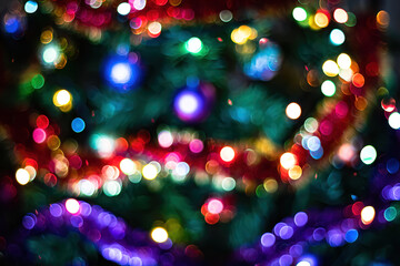 Obraz na płótnie Canvas Bright colored defocus lights. Festive Christmas background. Multi-colored bokeh, blurry backdrop.