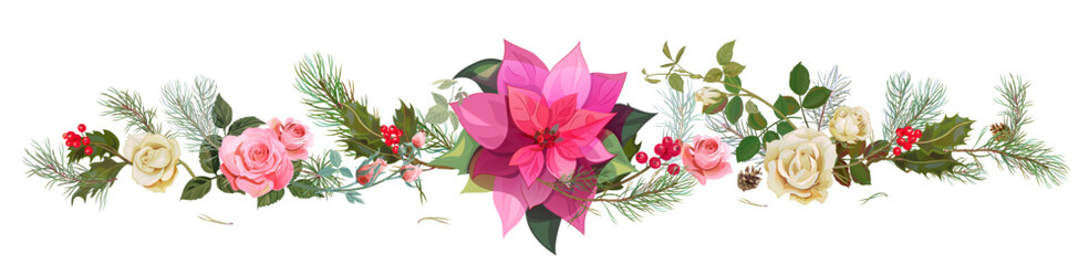 Panoramic view with roses, poinsettia flower (New Year Star), holly berry, pine branches, cones. Horizontal border for Christmas on white background, realistic digital draw, watercolor style, vector