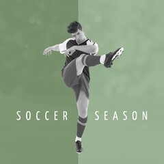 Composition of soccer searon text over kicking caucasian male football player on green background