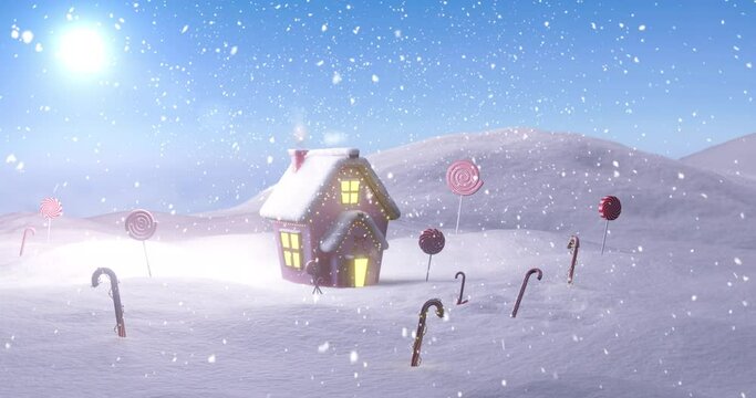 Animation of christmas cottage in winter landscape with candy canes, lollipops, sun and falling snow