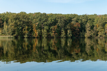 lake with autumn forest reflection