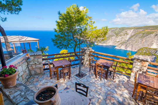 Romantic terrace at a restaurant on Zakynthos (Ionic Islands, Kampi, Greece)