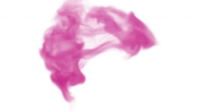 Pink colored ink drop into water on white isolated background. Slow motion pink smoke animation