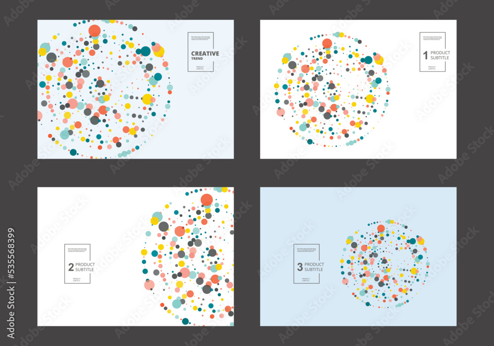 Poster Circles design elements. Color halftone frame with circle pattern on white background. Vector frame with rainbow random gradient. Cover brochure templates