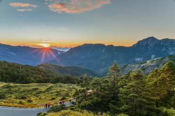 Beautiful and Colorful Sunset of Hehuanshan and Qilai Mountain on the Trail of Hehuan Mountain, Taroko National Park, Taiwan