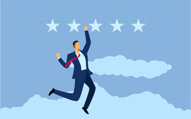 Happy businessman jumps on clouds