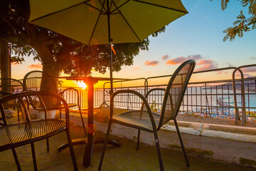 Sunrise. Bochali viewpoint in Zante, Zakynthos, Greece, popular travel destination. Bochali is a hill with holy temple of Zoodochos Pigi in Mpochali, in Ionian island of Zakynthos.