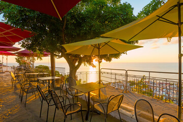 Sunrise. Bochali viewpoint in Zante, Zakynthos, Greece, popular travel destination. Bochali is a hill with holy temple of Zoodochos Pigi in Mpochali, in Ionian island of Zakynthos.