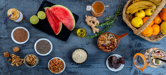 Obraz na płótnie Canvas Dietary breakfast, vegetarian menu, on dark gray background, top view