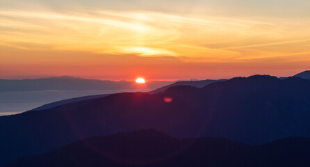 Rocky top of Canadian Mountain Landscape. Sunny Sunset Sky. Top of Mt Seymour near Vancouver, British Columbia, Canada. Nature Background