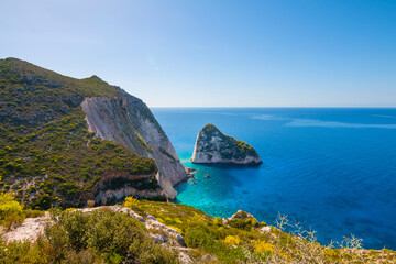 Aerial view of Mizithres cliff rock in Zakynthos Ionian island, Greece.