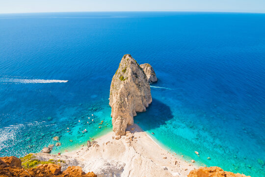 Aerial view of Mizithres cliff rock in Zakynthos Ionian island, Greece.