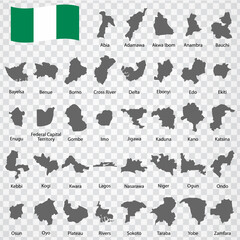 Thirty seven Maps  provinces of Nigeria - alphabetical order with name. Every single map of Province are listed and isolated with wordings and titles. Nigeria. EPS 10.