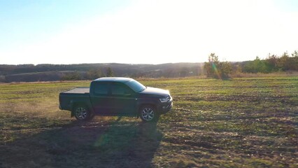 Aerial shot of pickup truck driving along meadow at summer day. Black car riding through field after harvesting. Flying over off road vehicle moving on farmland. Beautiful sunlight at background