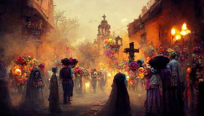 dia de los muertos street celebration - obrazy, fototapety, plakaty