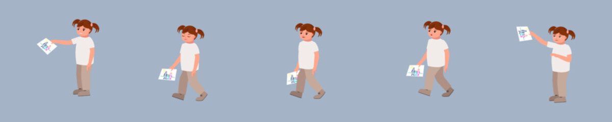 Character Little girl with different emotions and poses. Carries a cute drawing of a family,shows a drawing of a family to an adult. Happiness,joy,peace,tears,sadness,conversation.Child with ponytails