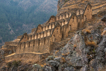 Pinkuylluna archaeological site with views of the trail in Ollantaytambo, Sacred Valley Peru.