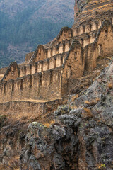 Pinkuylluna archaeological site with views of the trail in Ollantaytambo, Sacred Valley Peru.