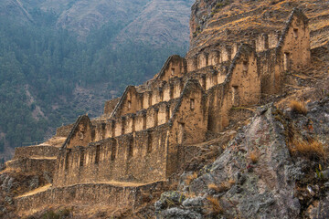 Pinkuylluna archaeological site with views of the trail in Ollantaytambo, Sacred Valley Peru.