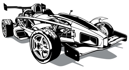 Drawing of a Sports Car in Formula One Design from Front View - Black Illustration Isolated on White Background, Vector