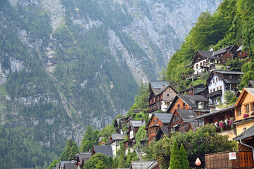 Fototapeta premium Old stone and wooden houses in Hallstatt village Austria