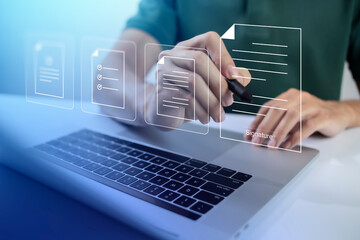 Businessman, work from home, handling documents, E-signing, signing digital contracts electronic signing electronic signature through internet technology document data management smart contract