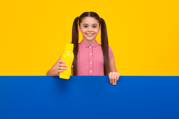 Teenage girl holds a blank for notification informing. Advertisement and sale. Markets and shops...