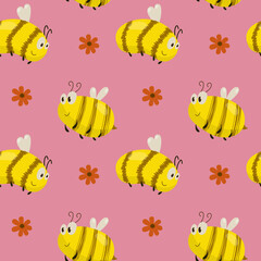 Vector pattern with bees on a pink background