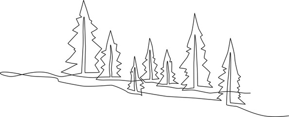 Young spruce trees in the field. Landscape. Continuous line drawing. Vector illustration.