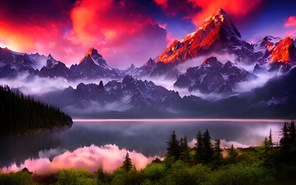 Mountains And Lake, Red Sky