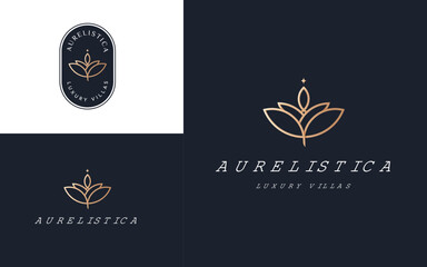 Luxury minimal linear lotus flower villa logo design