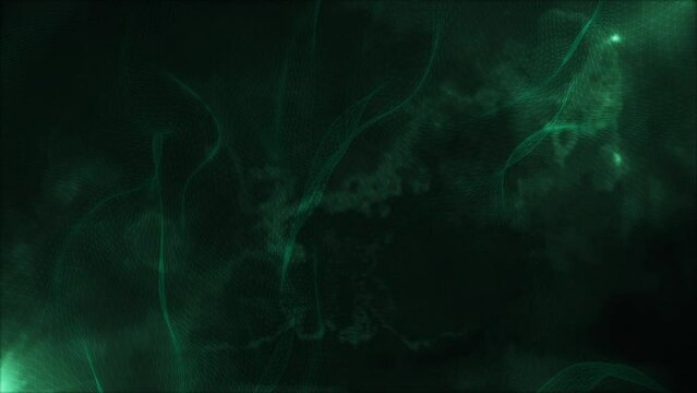 This stock motion graphics shows a dark background with haze and an emerald-colored net. This abstract background will decorate your projects.