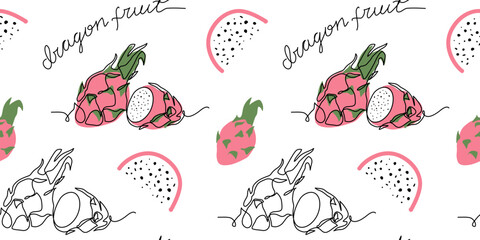 Dragon fruit, pitaya vector pattern. One continuous line art drawing dragonfruit, pitahaya pattern