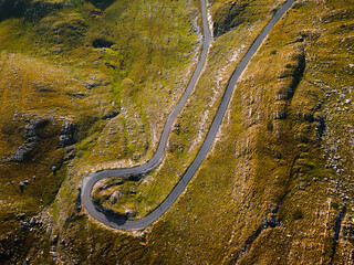 Mountain Pass With Curved Road, detail.  Panoramic road in Durmitor National Park, Zabljak, Sedlo pass,  Montenegro. Aerial, drone view